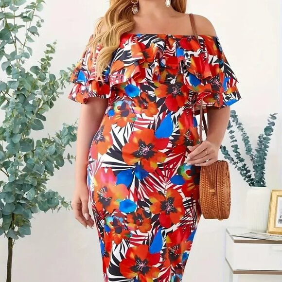 Women's Plus Size Off the Shoulder Floral Print Bodycon Holiday Summer Dress 20W - Picture 2 of 7